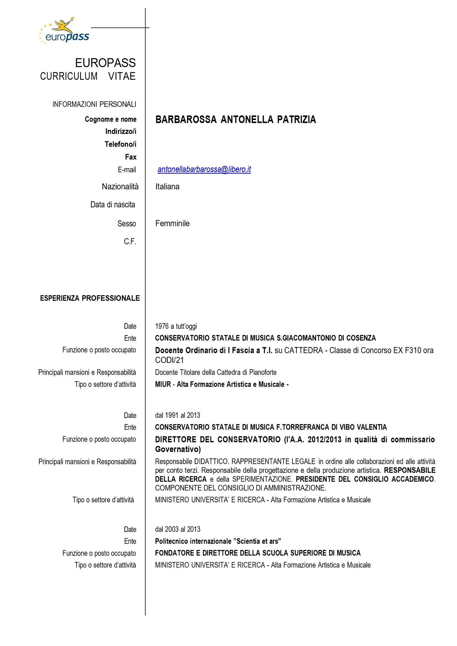 Pagina 1 del curriculum Europass di Antonella Barbarossa