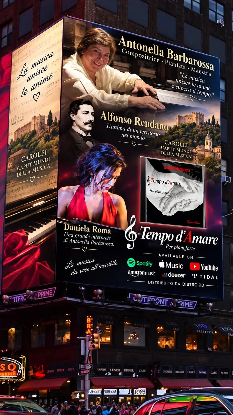 Manifesto di Antonella Barbarossa con Tempo d’Amare e il riferimento a Carolei caput mundi della musica