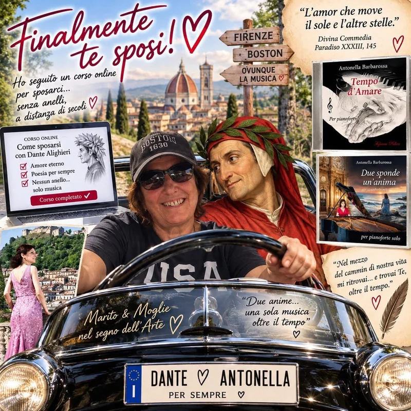 Vignetta Finalmente te sposi con Antonella Barbarossa e Dante in automobile a Firenze